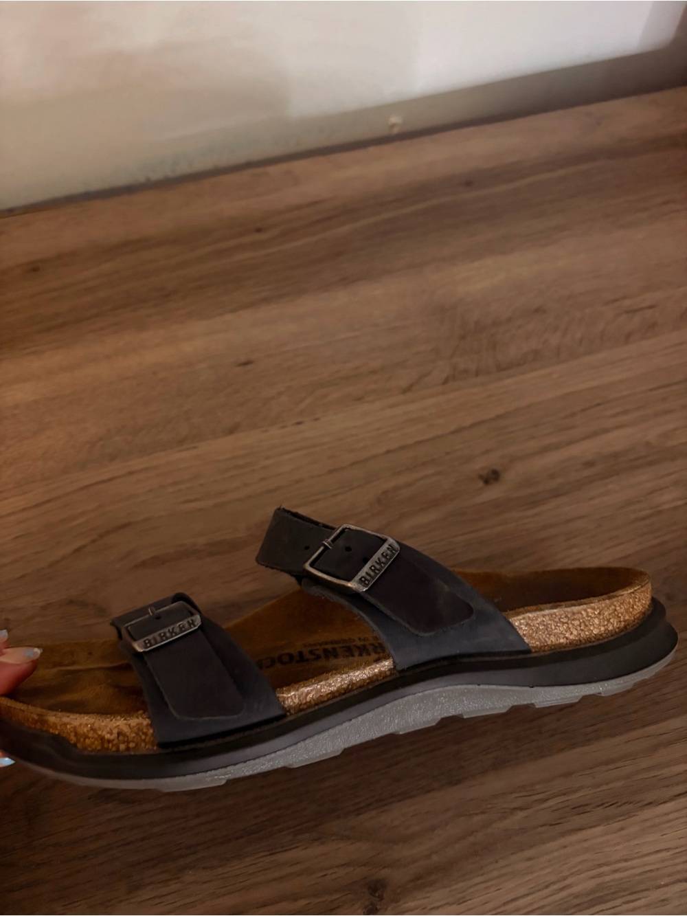 Birkenstock Black Two-Strap Slide with Cork Footbed